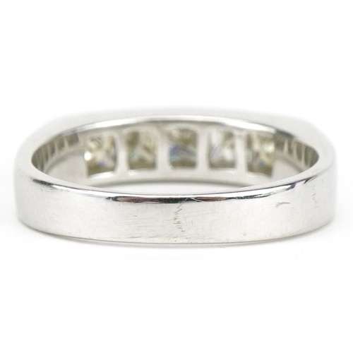 13 - 18ct white gold princess cut diamond five stone half eternity ring with certificate, total diamond w... 