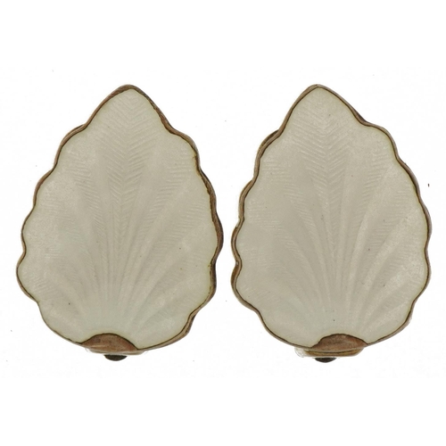 51 - Pair of Norwegian 925S sterling silver and white guilloche enamel leaf clip on earrings, possibly Da... 