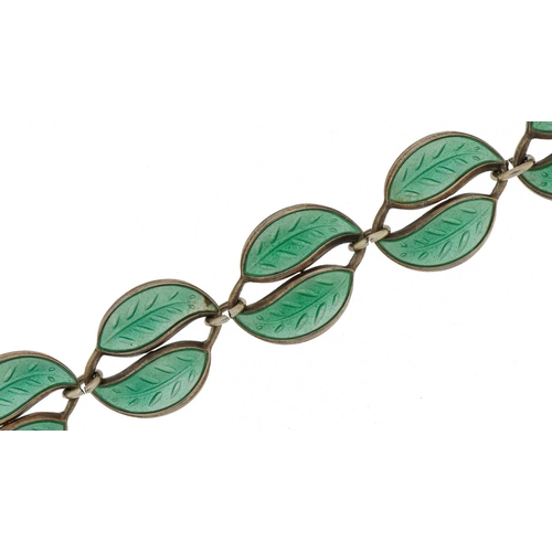 60 - David Andersen, Norwegian 925S sterling silver green enamel leaf bracelet, 18cm in length, 13.3g