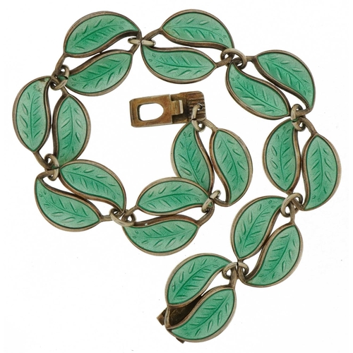 60 - David Andersen, Norwegian 925S sterling silver green enamel leaf bracelet, 18cm in length, 13.3g