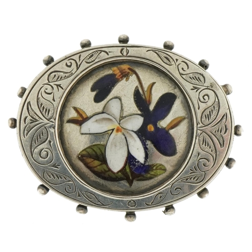 496 - Victorian aesthetic silver and enamel floral brooch, 3.5cm wide, 5.2g