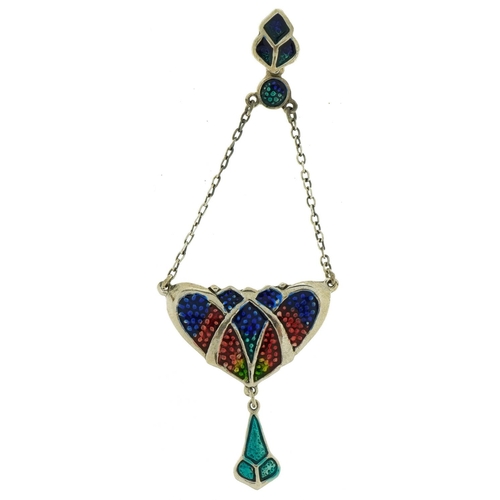 507 - Art Nouveau style sterling silver and enamel pendant, 8cm high, 8.0g