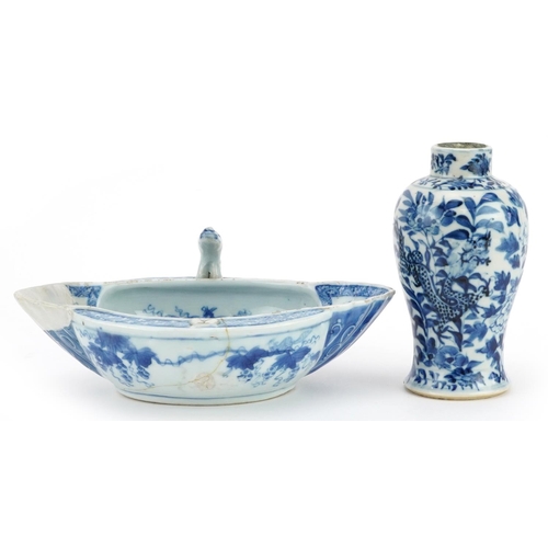 2633 - Chinese blue and white porcelain including a baluster vase hand painted with two dragons amongst flo... 