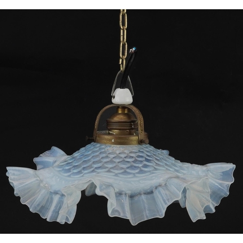 2726 - Art Nouveau Vaseline frilled glass shade with brass mounts, 28cm in diameter