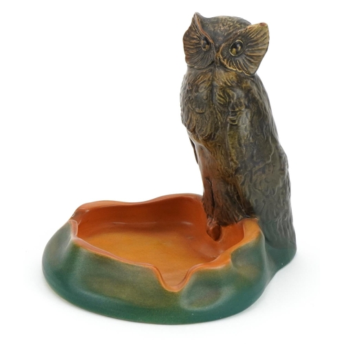 2578 - Danish pottery ashtray surmounted with an owl, impressed factory marks and numbered 142 to the base,... 