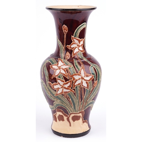 2554 - Large Chinese porcelain vase hand painted and decorated in relief with flowers, 58cm high