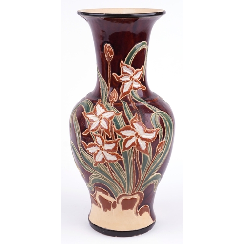 2554 - Large Chinese porcelain vase hand painted and decorated in relief with flowers, 58cm high