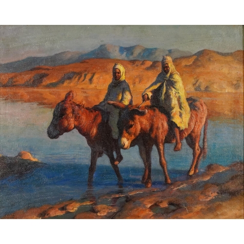 2079 - Manner of Adam Styka - Two figures and donkeys before a landscape, Orientalist school oil on board, ... 