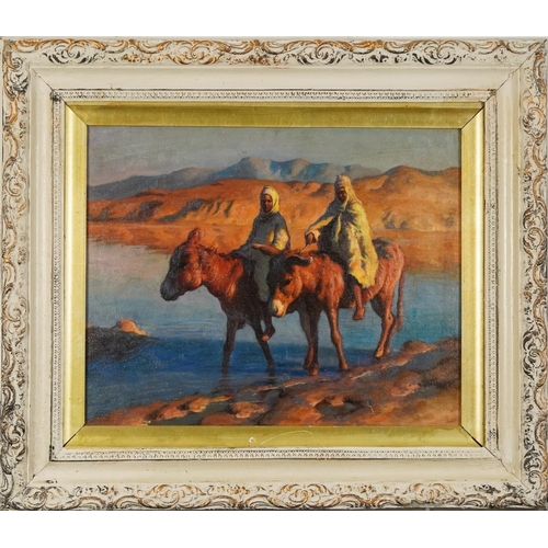 2079 - Manner of Adam Styka - Two figures and donkeys before a landscape, Orientalist school oil on board, ... 