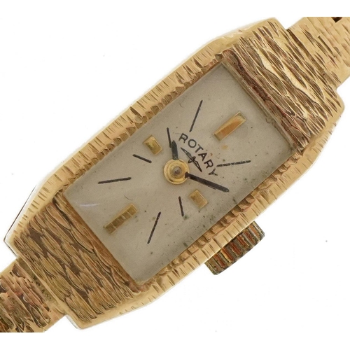 45 - Rotary, ladies 9ct gold wristwatch with 9ct gold bark design strap, the case 11mm wide, total weight... 