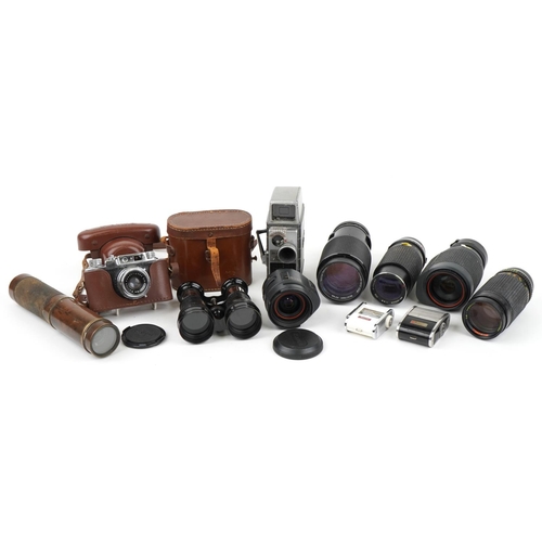 1061 - Vintage and later cameras, lenses, binoculars and brass three draw telescope including Bell & Howell... 