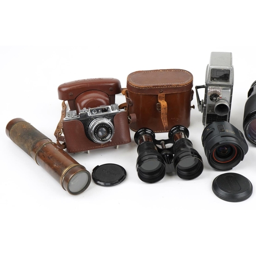 1061 - Vintage and later cameras, lenses, binoculars and brass three draw telescope including Bell & Howell... 