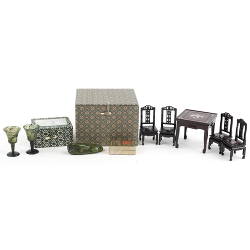 2733 - Chinese sundry items including hardwood table and four chairs with mother of pearl inlay, pair of sp... 