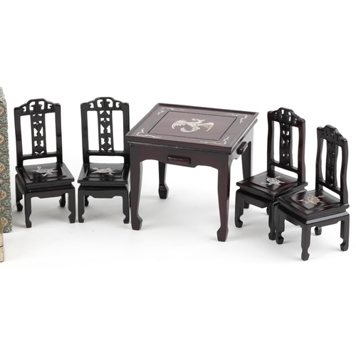 2733 - Chinese sundry items including hardwood table and four chairs with mother of pearl inlay, pair of sp... 