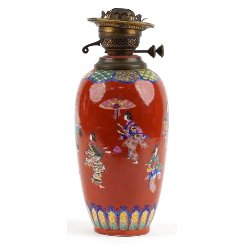 2552 - Japanese porcelain vase oil lamp hand painted with figures, overall 38cm high