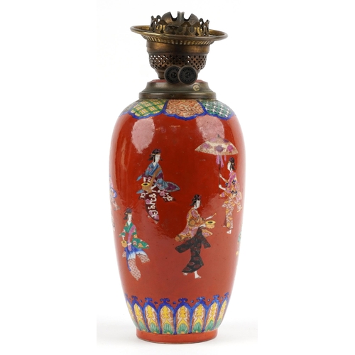 2552 - Japanese porcelain vase oil lamp hand painted with figures, overall 38cm high