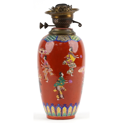 2552 - Japanese porcelain vase oil lamp hand painted with figures, overall 38cm high