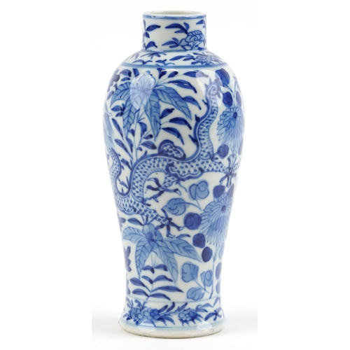 67 - Chinese blue and white porcelain baluster vase hand painted  with dragons amongst flowers, six figur... 