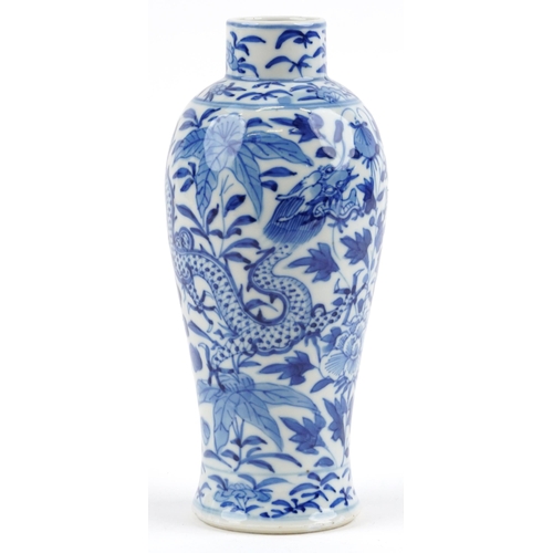 67 - Chinese blue and white porcelain baluster vase hand painted  with dragons amongst flowers, six figur... 