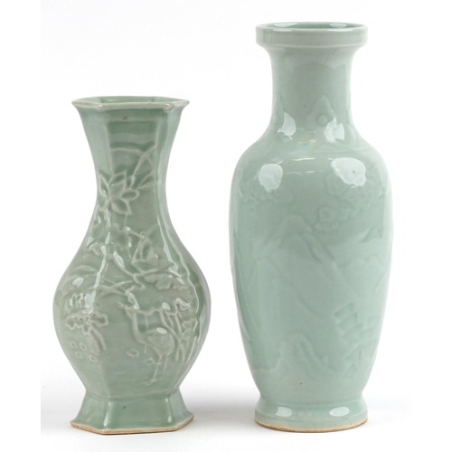 2568 - Two Chinese porcelain vases having celadon glazes including one decorated in low relief with a crane... 