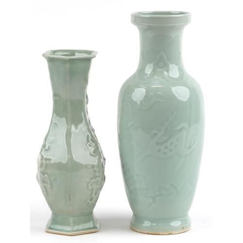 2568 - Two Chinese porcelain vases having celadon glazes including one decorated in low relief with a crane... 