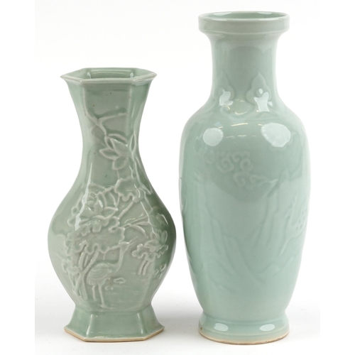 2568 - Two Chinese porcelain vases having celadon glazes including one decorated in low relief with a crane... 