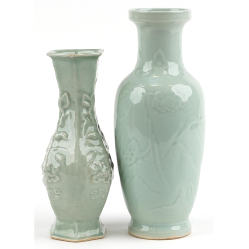 2568 - Two Chinese porcelain vases having celadon glazes including one decorated in low relief with a crane... 