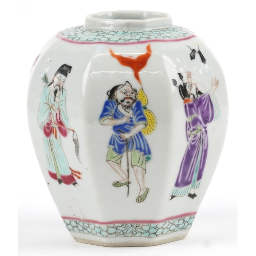 2577 - Chinese octagonal porcelain ginger jar hand painted in the famille rose palette with Emperors and at... 