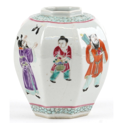 2577 - Chinese octagonal porcelain ginger jar hand painted in the famille rose palette with Emperors and at... 