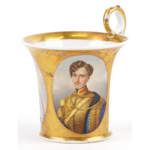 254 - Early 19th century European porcelain cup hand painted with oval portraits of young Queen Victoria a... 