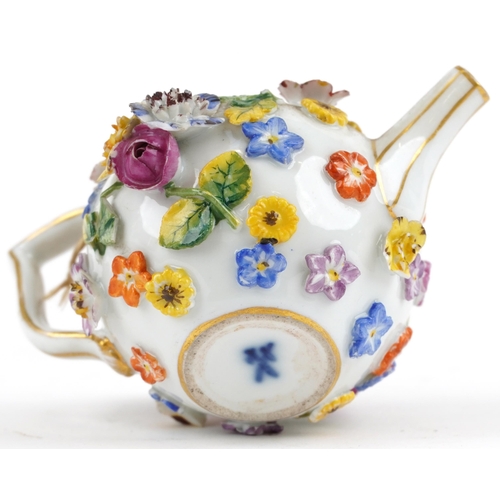 242 - Meissen, 19th century German porcelain floral encrusted miniature teapot, 9.5cm in length