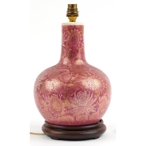 2714 - Chinese porcelain millefleur vase table lamp gilded and painted with flowers, 34.5cm high