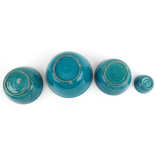 591 - Four Chinese porcelain bowls having turquoise glazes including a pair, the largest 23cm in diameter