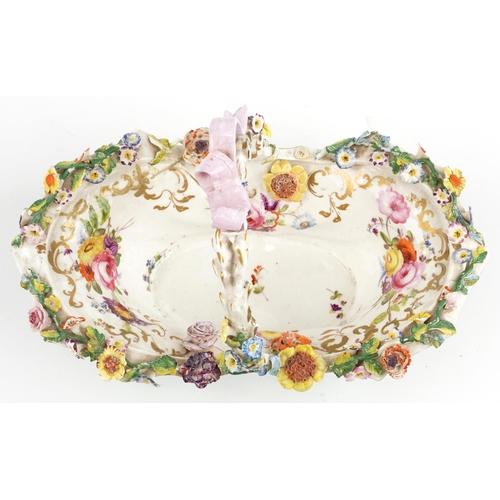 510 - 19th century Staffordshire floral encrusted porcelain basket hand painted with flowers, 30cm wide