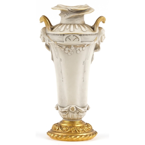 150 - Manner of Royal Vienna, European Art Nouveau porcelain vase with gilt metal base and twin maiden hea... 