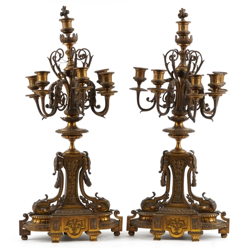 170 - Large pair of 19th century French ormolu seven branch candelabras with urn supports and acanthus dec... 