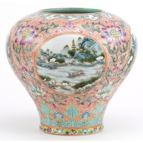 22 - Chinese porcelain baluster vase finely hand painted in the famille rose palette with panels of river... 