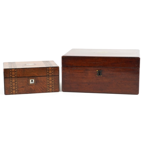 2599 - Two Victorian workboxes comprising inlaid walnut example and mahogany example with inset brass carry... 