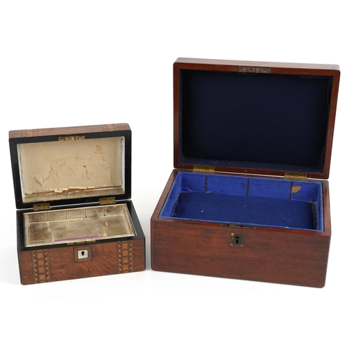 2599 - Two Victorian workboxes comprising inlaid walnut example and mahogany example with inset brass carry... 