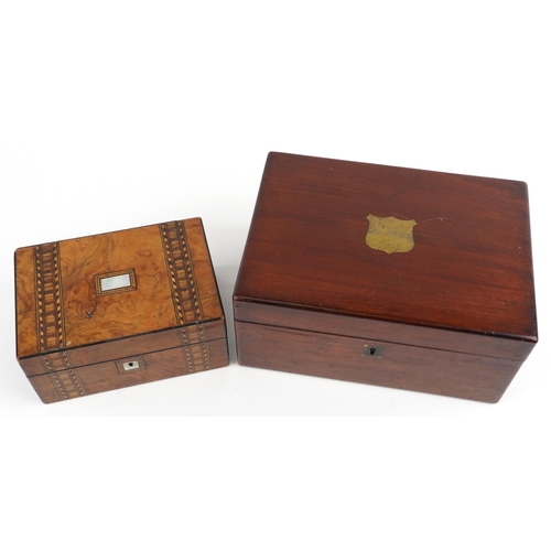 2599 - Two Victorian workboxes comprising inlaid walnut example and mahogany example with inset brass carry... 