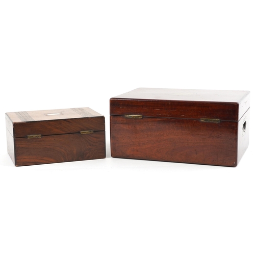 2599 - Two Victorian workboxes comprising inlaid walnut example and mahogany example with inset brass carry... 