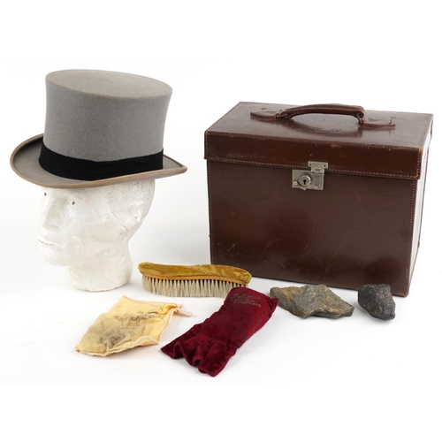 478 - Scott & Co top hat housed in a brown leatherette travel box, the top hat interior size 21cm x 17cm