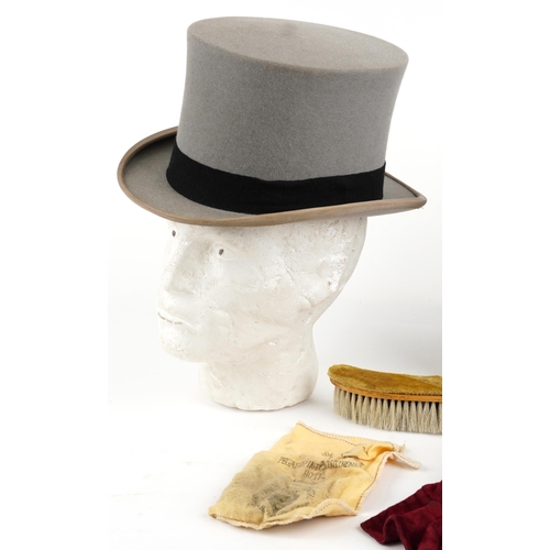 478 - Scott & Co top hat housed in a brown leatherette travel box, the top hat interior size 21cm x 17cm