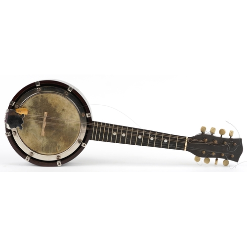 1009 - Early 20th century eight string banjo ukulele with fitted case, 54cm in length