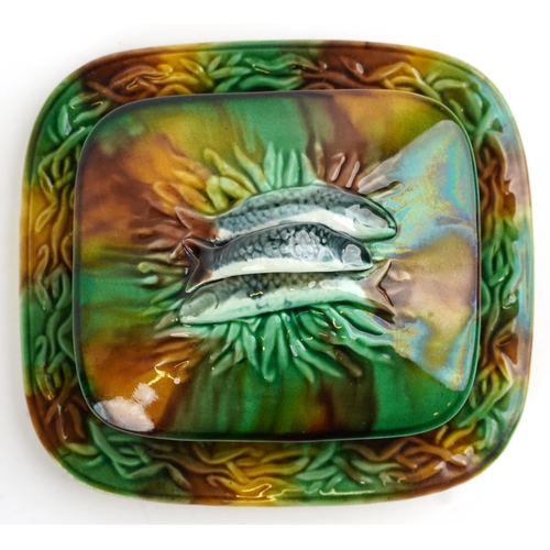 506 - George Jones, Victorian Majolica sardine box and cover, 21cm wide