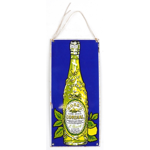 714 - Roses Lime Juice Cordial enamel advertising sign, Garnier & Co stamp to the reverse, 36cm x 16.5cm