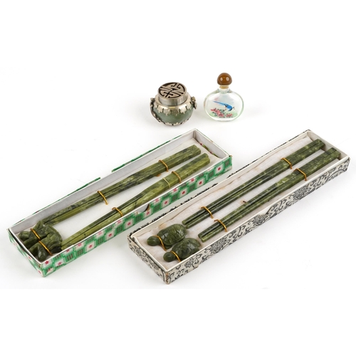 2639 - Chinese sundry items comprising four pairs of jade chopsticks, internally hand painted glass snuff b... 