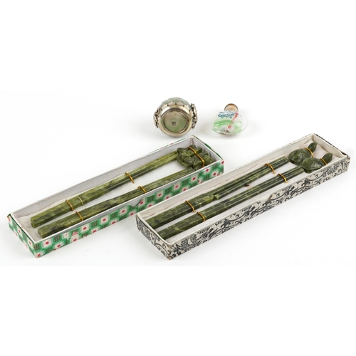 2639 - Chinese sundry items comprising four pairs of jade chopsticks, internally hand painted glass snuff b... 