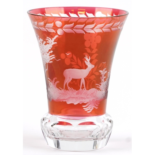 353 - Bohemian ruby flashed glass vase etched with deer in a landscape, 14cm high