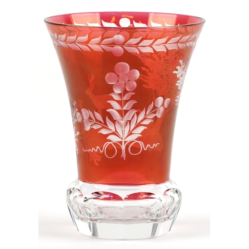 353 - Bohemian ruby flashed glass vase etched with deer in a landscape, 14cm high